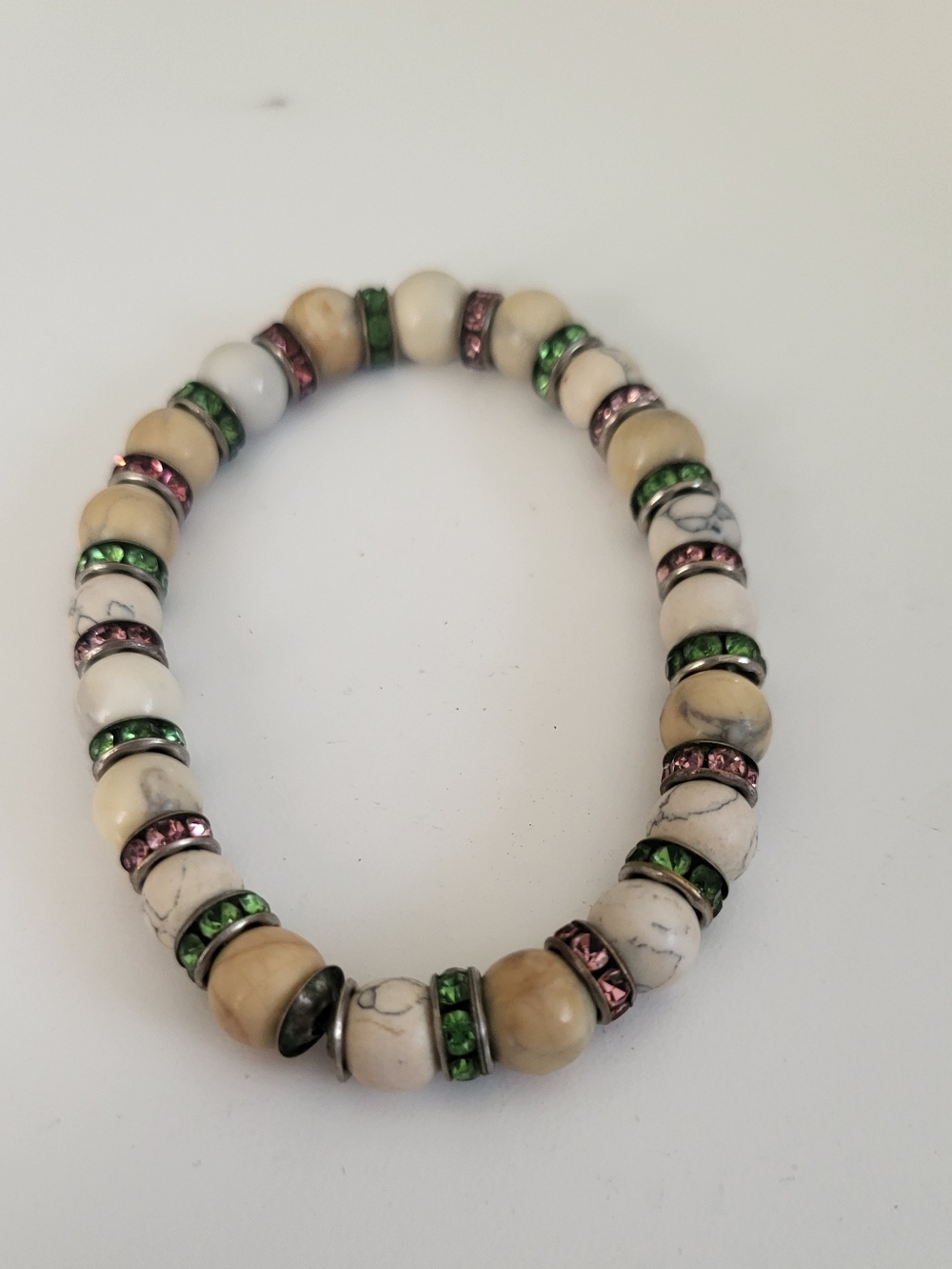 Neutral Stone Stretch Bracelet with Pink and Green Crystal Accents